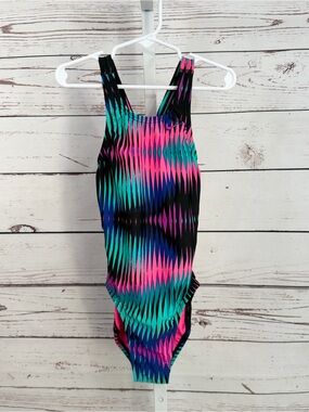 Girls Nike One-Piece Swimsuit in Neon Pink, Teal & Black Size 8